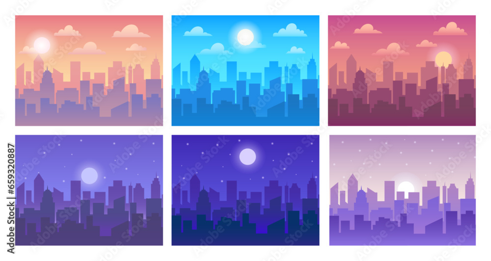 Cityscape in different time of day. Town silhouette in morning, evening and day. Night town landscape with urban buildings. Background with moon and sun. Vector set