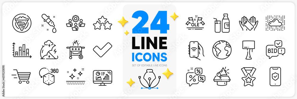 Icons set of Cloud system, Smartphone holding and Diagram graph line icons pack for app with Stress protection, World planet, Milk thin outline icon. Discounts chat, Table lamp. Vector