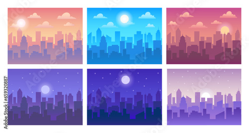 Cityscape in different time of day. Town silhouette in morning, evening and day. Night town landscape with urban buildings. Background with moon and sun. Vector set