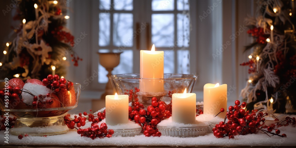 Decoration of table with candles and decorations Christmas tree light.