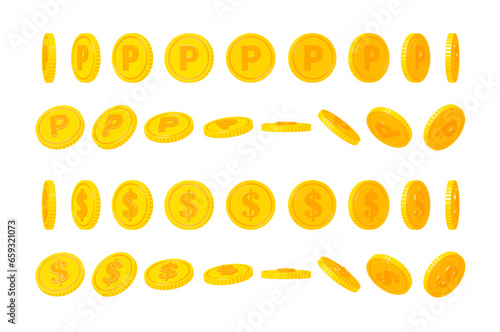 Coin illustrations from various angles (dollar mark and P mark)