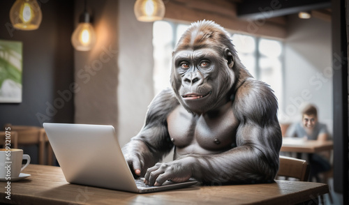 a smart gorilla working on laptop in cafe. business gorilla work on computer laptop at table in a bar or library