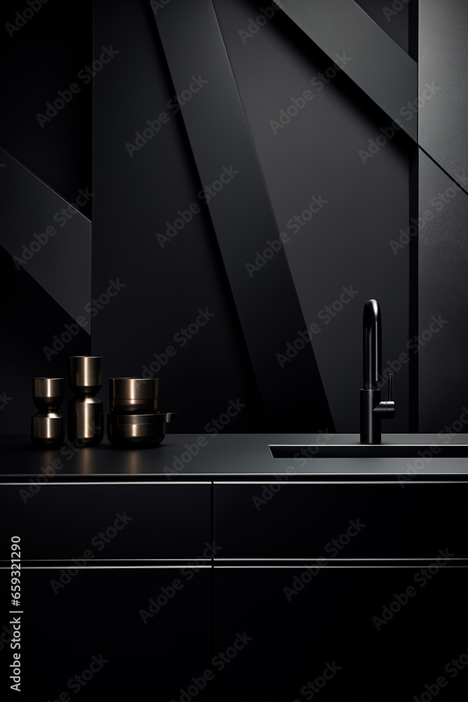 Close-up Black noble and minimalist style kitchen - obrazy, fototapety, plakaty 