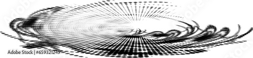 Halftone streamlined frame in the form of dotted swirling rays. Space for copying text. Vector.