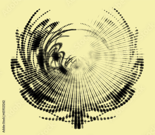 Halftone dotted ascending contour frame in the shape of phoenix wings. Highlighting with lightening on the right. Space for copying text. Vector.