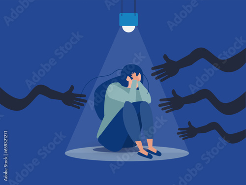 Illustration of a frightened girl sitting under a spotlight haunted by black hands. vector illustration.
