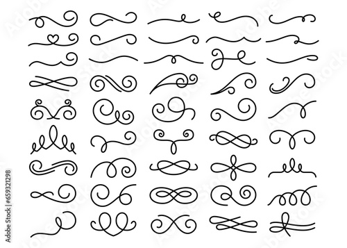 Calligraphic swirl. Line flourish ornament. Filigree ornamental curls swashes. Decorative elegant victorian swirls for vintage menu, text divider vector set