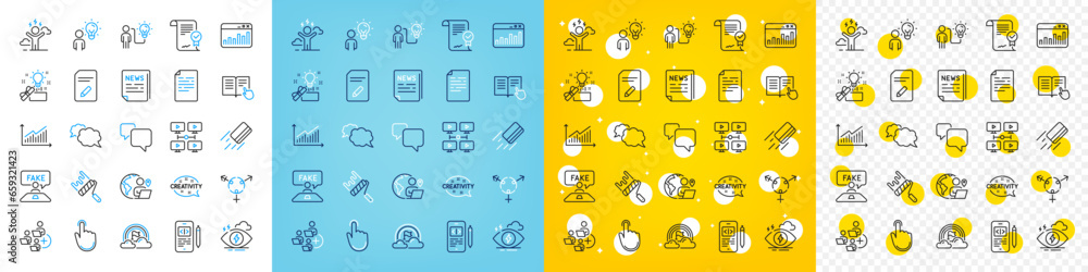 Vector icons set of Graph, Creativity and Read instruction line icons pack for web with Stress, Difficult stress, Document outline icon. Creative idea, Add team, Business idea pictogram. Vector