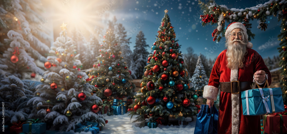 Santa Claus handing out presents, Christmas scene in a wintery atmosphere with christmas trees. Advertising space for businesses during the holidays. Website header, background with copy space Santa Claus handing out presents, Christmas scene in a wintery atmosphere with christmas trees. Advertising space for businesses during the holidays. Website header, background with copy space