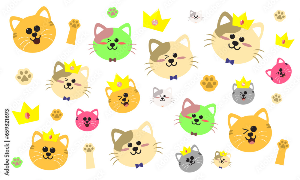Cute Cartoon Cat Sticker collection isolated on transparent background. Cat arms, kitten paws, yellow gold crowns with cat jewel. Vector Illustration. 