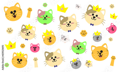 Cute Cartoon Cat Sticker collection isolated on transparent background. Cat arms  kitten paws  yellow gold crowns with cat jewel. Vector Illustration. 