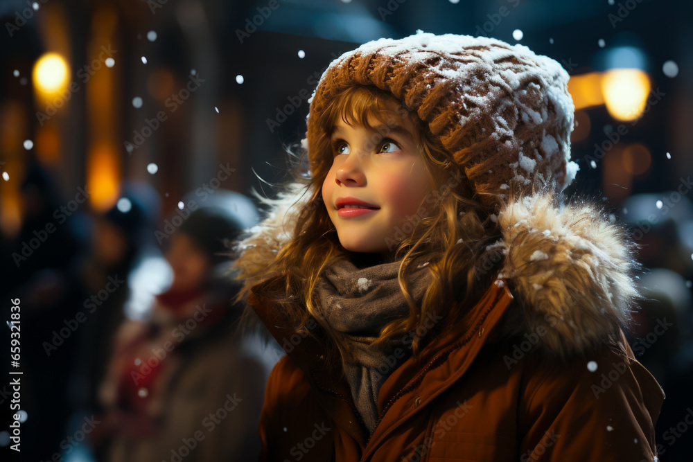 cute little girl in winter outfit fascinated looking at snowfall. Winter lifestyle, first snow. cute little girl in winter outfit fascinated looking at snowfall. Winter lifestyle, first snow.