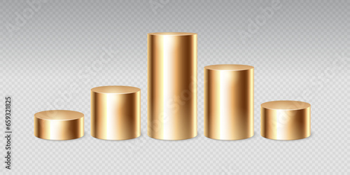 3D golden cylinders. Gold realistic metal cylindrical product luxury podiums, metallic pillar or standing tube. 3D exhibition pedestal isolated vector set