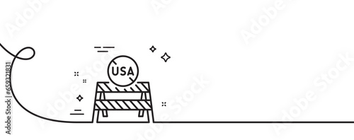 USA close borders line icon. Continuous one line with curl. Coronavirus Covid-19 pandemic sign. Travel restrictions symbol. USA close borders single outline ribbon. Loop curve pattern. Vector