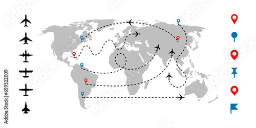 World map and plane. Airplane dashed route line and various map pins. Aircraft silhouette icons and destination tracks. Transportation infographic vector set