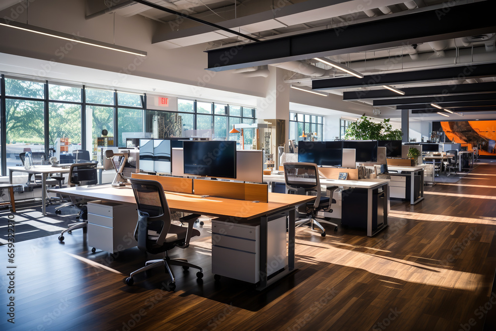An open floor plan in a startup office featuring sit-stand desks, ergonomic chairs, and lots of natural light coming through large windows - obrazy, fototapety, plakaty 