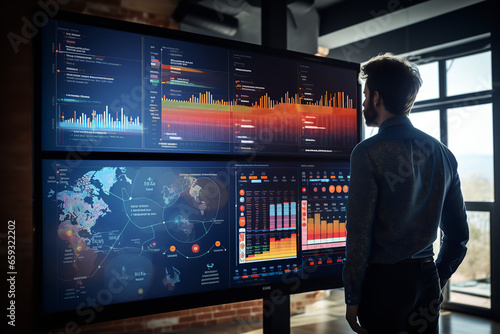 Several large screens mounted on a wall, displaying real-time business analytics and metrics, closely watched by team members.