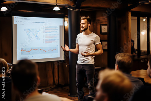 A startup founder passionately delivering a pitch presentation in front of investors, using slides and gestures to convey the business model. photo
