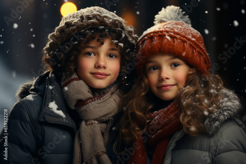 portrait cute little boy and girl in winter outfit looking at snowfall. Winter lifestyle, first snow