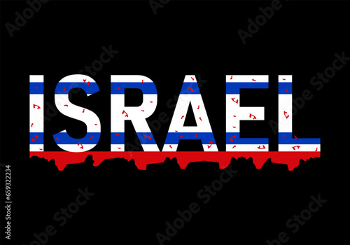 Bloody text in national flag color of Israel. Concept of Hamas war aggression in Israel. The blood of civilians on the hands of the enemy military attacked a peaceful country. Vector illustration