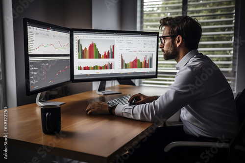 A team member sits focused in front of a dual-screen setup, analyzing real-time analytics data on an interactive dashboard.