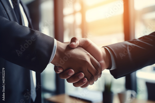 Two business partners are shaking hands with smiles, sealing the deal after successful negotiations for their startup venture.