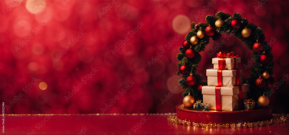 Christmas shopping banner, red background with pile of gifts and decorations, christmas sale, header with copy space.