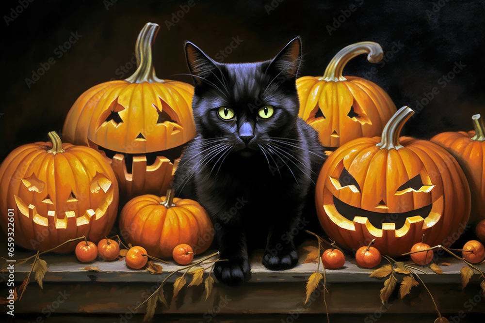 black cat and halloween pumpkins on a farm table black cat and halloween pumpkins on a farm table