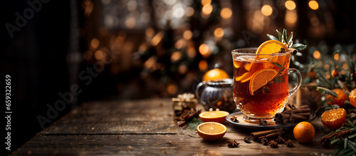 Winter tea on a table covered in snow, cozy advertising space for restaurants and winter lodges, hot drink surrounded by oranges and winter symbols Website header with copy space for christmas