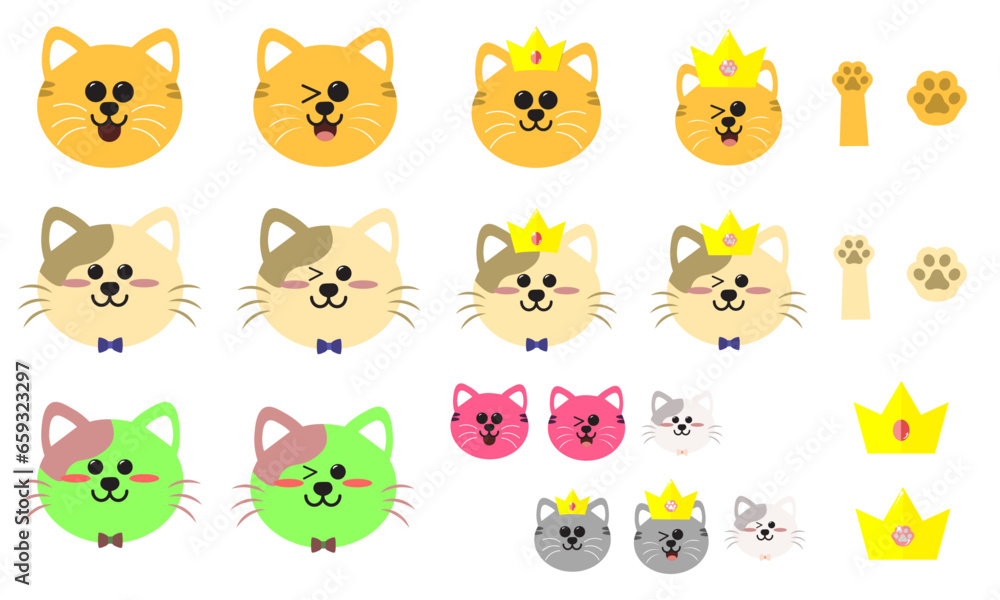 Set of Cute Cartoon Cat Sticker. Illustrated Collection of cat stickers. Orange cats with crown, winking kittens, cute animal stickers for print, isolated on transparent background. Vector.