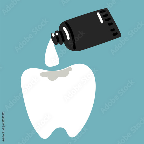 Dental treatment. Installation of the seal. Tooth cartoon vector flat style for the design of dental amalgam filling with dental instruments. Liquid seal from black tube isolated illustration. Sealing