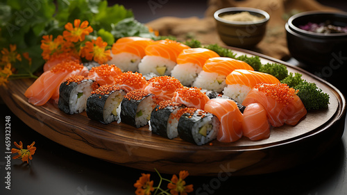 Colorful fresh sushi, traditional Japanese food, assorted hand rolls and sashimi, sumptuous sushi sets, vibrant ingredients and decor, upscale Japanese restaurant atmosphere Generative AI