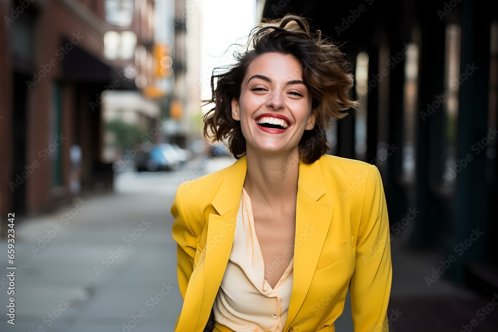 Selbstsichere Karrierefrau im gelben Blazer lächelt selbstbewusst