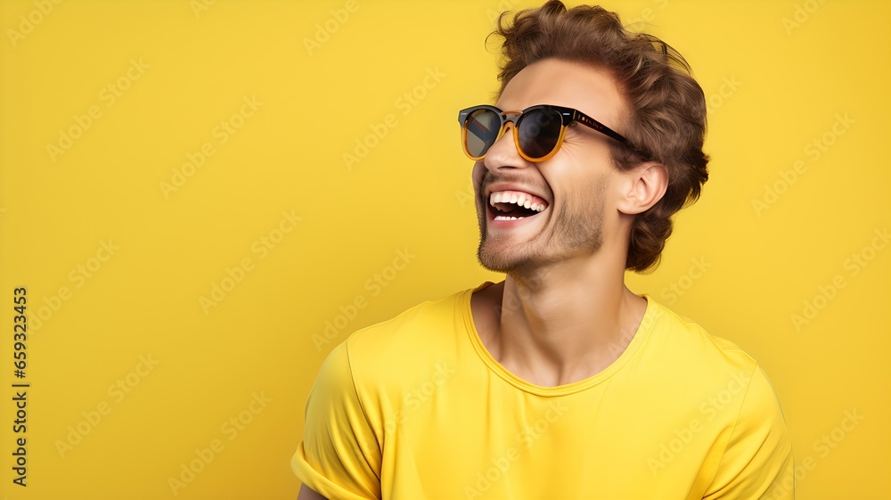 Fototapeta premium Lächelnder Mann mit sonnigem Gemüt vor gelbem Hintergrund