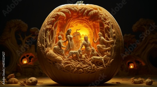 A pumpkin carved with a scene from a haunted circus, complete with contortionists, illusionists, and ghostly animals. 