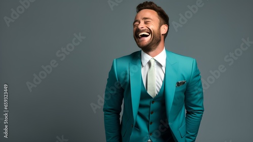 Sympathischer Mann in Türkisfarbenem Anzug strahlt vor Lebensfreude in die Kamera