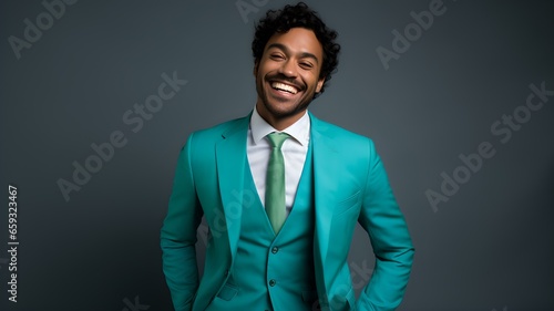Lustiger Mann in Türkisfarbenem Anzug grinst fröhlich vor der Kamera