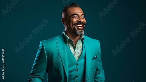 Entspannter Mann in Türkisfarbenem Anzug lächelt freundlich in die Linse