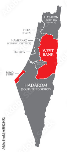 Israel map with labels including Gaza Strip and West Bank