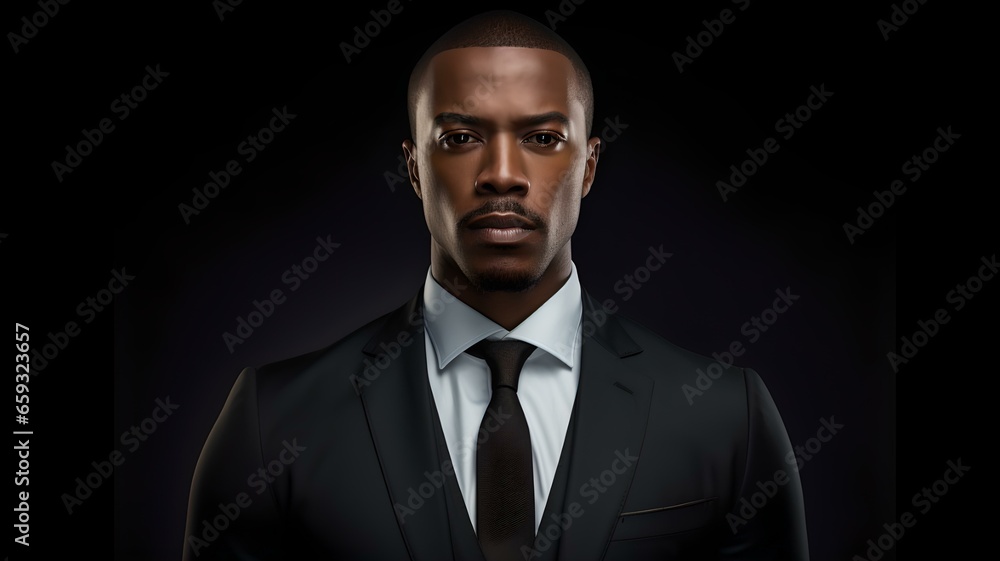 Selbstbewusster afrikanischer Manager in dunklem Business-Anzug Selbstbewusster afrikanischer Manager in dunklem Business-Anzug