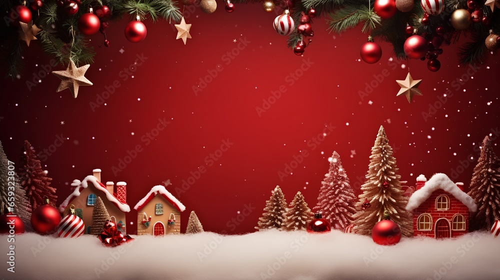 Christmas background with vibrant, festive red elements and decorations such as snowflakes, baubles, stars, and candy canes, creating a cheerful holiday atmosphere. Snow and gingerbread house.