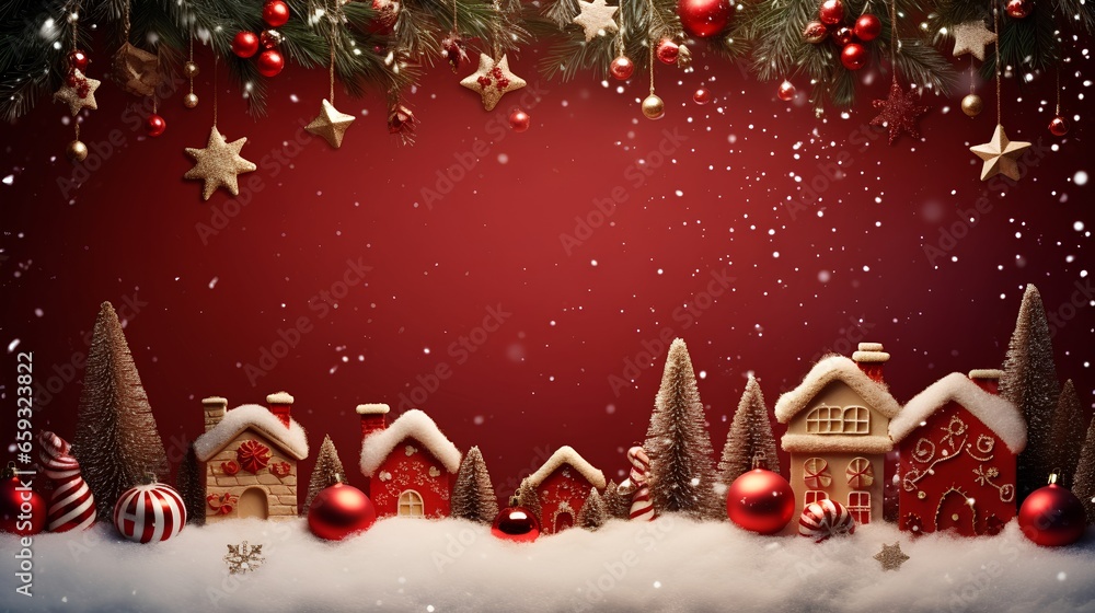 Christmas background with vibrant, festive red elements and decorations such as snowflakes, baubles, stars, and candy canes, creating a cheerful holiday atmosphere. Snow and gingerbread house.