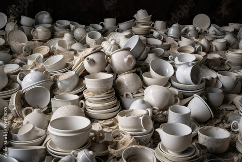 Broken white cups piled in a room