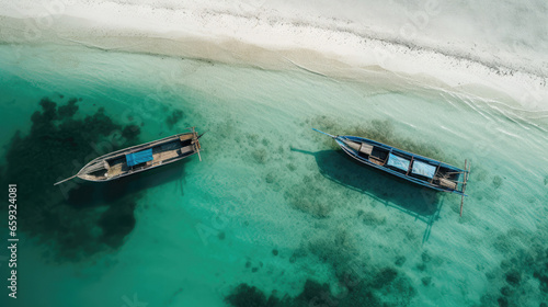 Two boats on turquoise beach, calm day