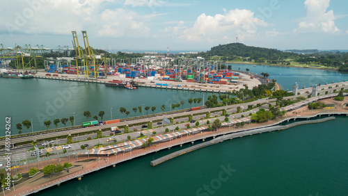 Sentosa Beach, Singapore. Aerial view of beach and coastline on a sunny day