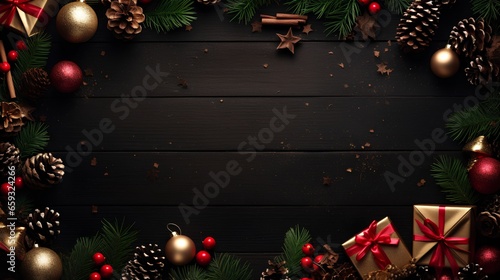 Christmas background with dark, moody and festive Christmas season elements. Elegant winter ornaments, pine cones, and snowflakes, creating a magical holiday atmosphere. Gifts and pine needles.