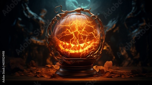 A pumpkin transformed into a haunted crystal ball, displaying images of the past, present, and future within its depths. 