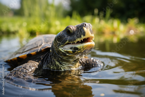 In the gentle daylight of a serene pond, a funny turtle steals the show with its adorable closeup. Dive into the aquatic world and explore the curious nature of this reptilian wonder