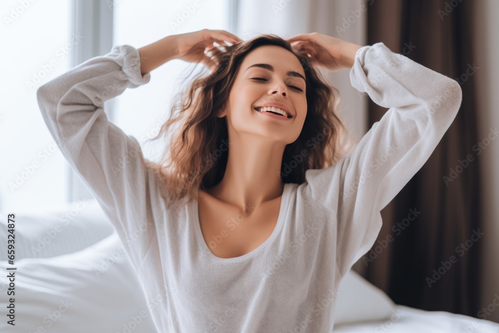 Naklejka premium Woman stretching in bed after wake up, AI Generated
