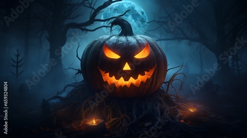 A spooky jack-o -lantern with glowing eyes and a sinister grin  surrounded by misty fog. 